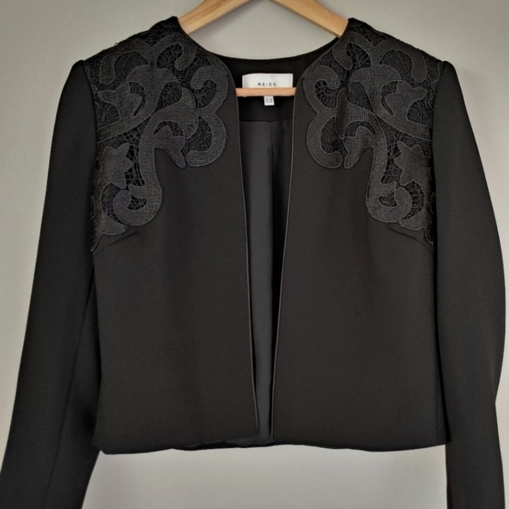 Reiss Black Embroidered Open-Front Blazer